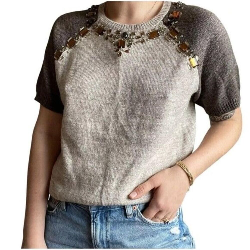 J Crew Jeweled Alpaca Merino Wool Blend Sweater Short Sleeves Brown Sz S
